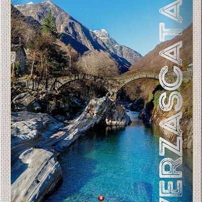 Cartel de chapa de viaje, 20x30cm, Valle de Verzasca, puente, montañas, río, naturaleza