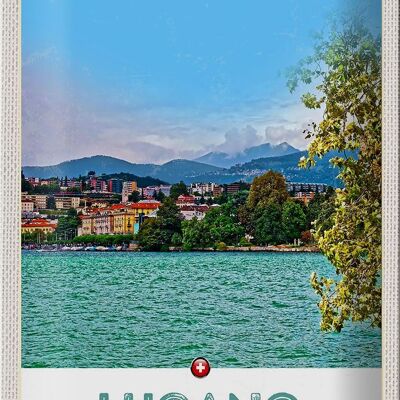 Cartel de chapa viaje 20x30cm Lugano Suiza vista al lago de la ciudad