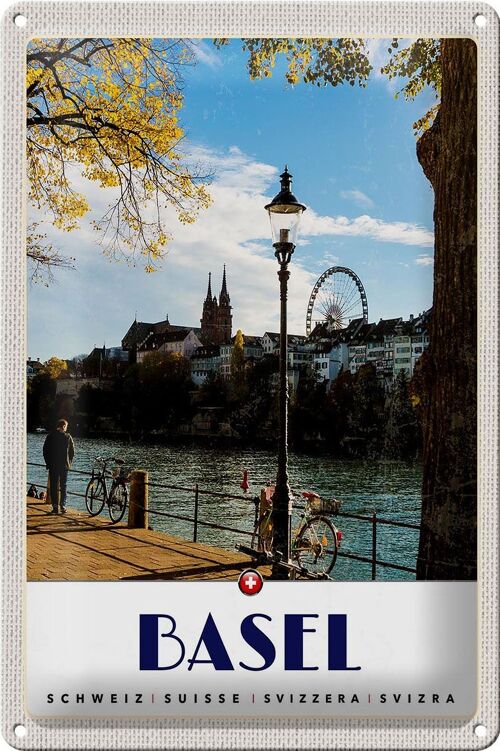 Blechschild Reise 20x30cm Basel Schweiz Fluss Riesenrad Natur