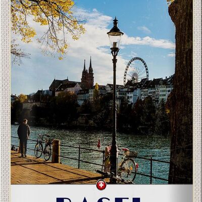 Cartel de chapa de viaje, 20x30cm, Basilea, Suiza, río, noria, naturaleza