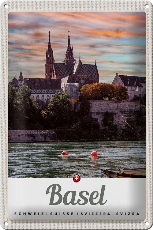 Blechschild Reise 20x30cm Basel Schweiz Fluss Natur Architektur