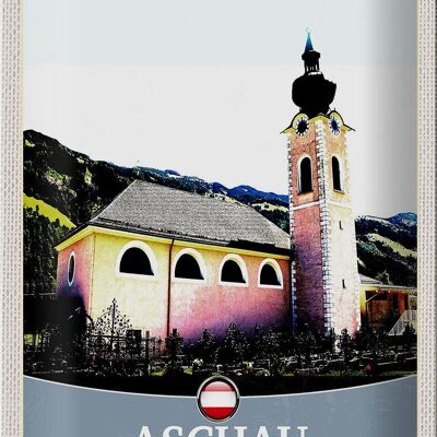 Cartel de chapa viaje 20x30cm Iglesia de Aschau im Zillertal Austria