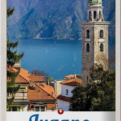 Cartel de chapa de viaje, 20x30cm, Lugano, Suiza, lago, iglesia, montañas