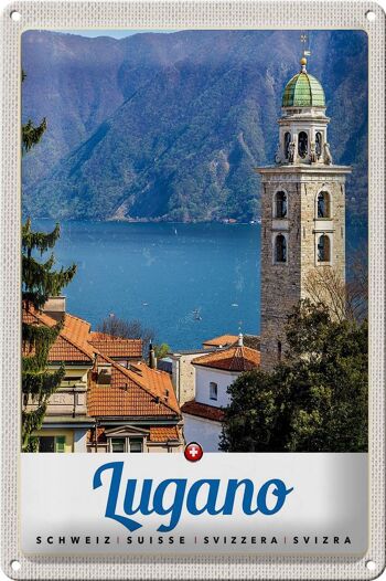 Signe en étain voyage 20x30cm, Lugano, suisse, lac, église, montagnes 1