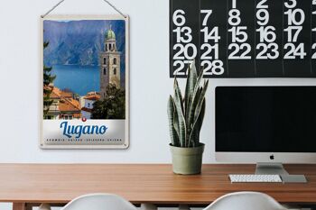 Signe en étain voyage 20x30cm, Lugano, suisse, lac, église, montagnes 3