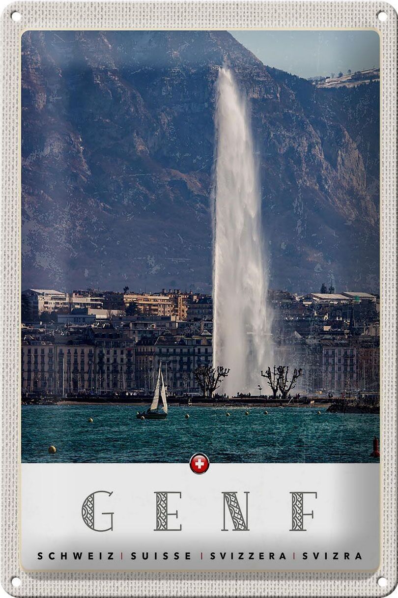 Targa in metallo da viaggio 20x30 cm Ginevra Svizzera Edificio Montagne Cielo