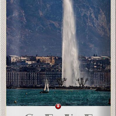 Cartel de chapa de viaje, 20x30cm, Ginebra, Suiza, edificio, montañas, cielo