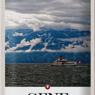 Cartel de chapa de viaje, 20x30cm, Ginebra, Suiza, barcos, montañas, cielo