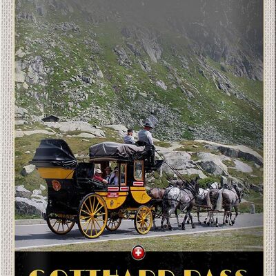 Cartel de chapa viaje 20x30cm Paso del San Gotardo Suiza carruaje tirado por caballos