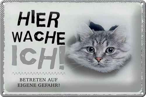 Blechschild Spruch 30x20cm Katze hier wache eigene Gefahr