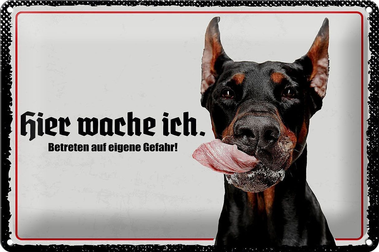 Cartel de chapa que dice 30x20cm Doberman aquí me despierto