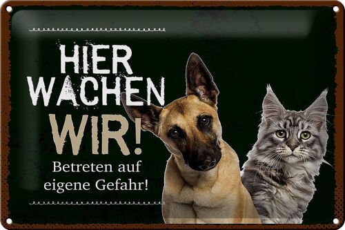 Blechschild Spruch 30x20cm Hund Katze hier wachen wir schwarzes Schild