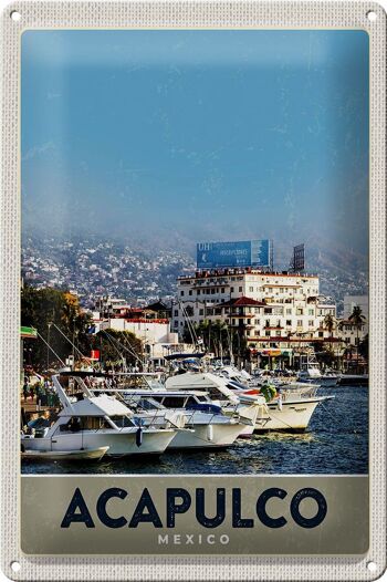 Panneau de voyage en étain, 20x30cm, Acapulco, mexique, Yacht, montagnes, mer 1