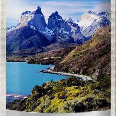 Tin sign travel 20x30cm Chile mountains sea nature snow