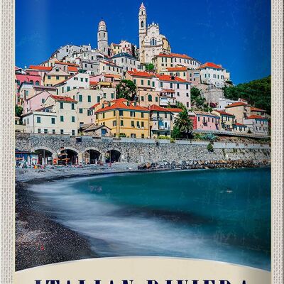 Cartel de chapa de viaje, 20x30cm, Italia, Riviera, ciudad, playa, olas