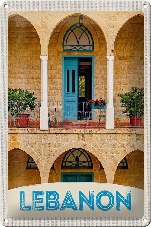 Blechschild Reise 20x30cm Libanon Gebäude blaue Tür Urlaub