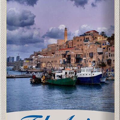 Panneau en étain voyage 20x30cm, ville de Tel Aviv, bateaux de mer, vacances