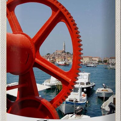 Panneau en étain voyage 20x30cm Rovinji Croatie bateaux maison rouge