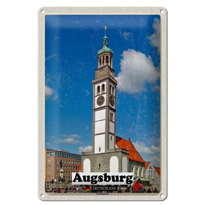 Panneau en étain villes Augsbourg Allemagne Perlachturm 20x30cm