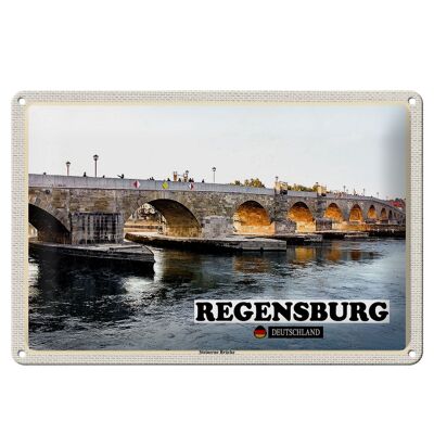 Cartel de chapa ciudades Ratisbona puente de piedra río 30x20cm