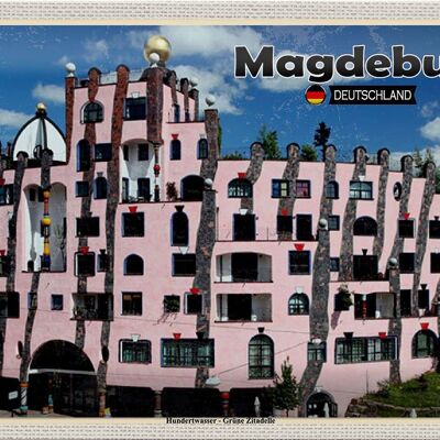 Cartel de chapa ciudades Magdeburg Hundertwasser edificios 30x20cm