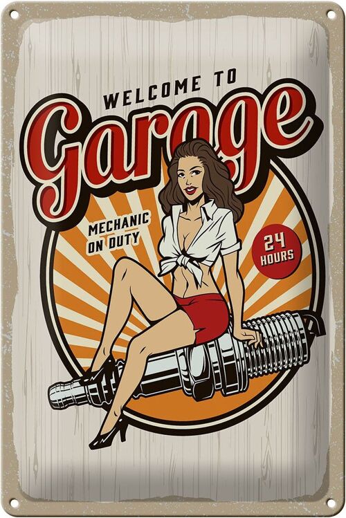 Blechschild Spruch Pinup Welcome to Garage Mechanic on 20x30cm