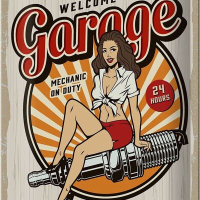 Cartel de chapa que dice Pinup Bienvenido a Garage Mechanic en 20x30cm