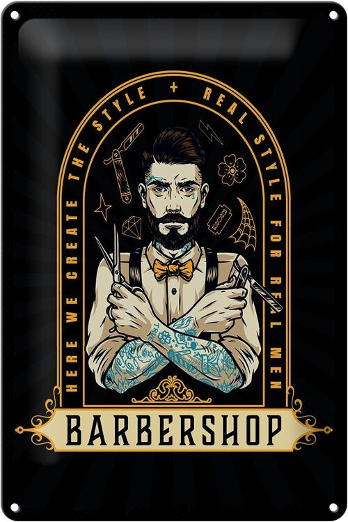 Blechschild Spruch Barbershop Here we greate Style 20x30cm
