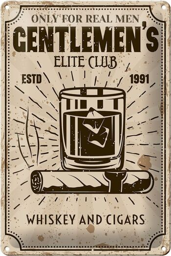 Panneau en étain disant Whisky Cigars Elite Club Real Men 20x30cm 1