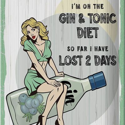 Cartel de chapa que dice Pinup Estoy en la dieta Gin & Tonic 20x30cm