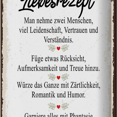Cartel de chapa que dice receta de amor que se necesitan 2 personas 20x30cm