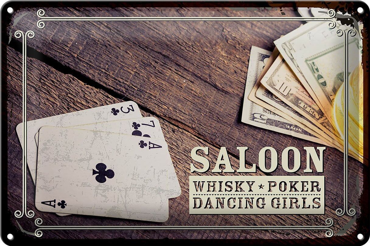 Targa in metallo con scritta Saloon Whiskey Poker Dancing 30x20 cm