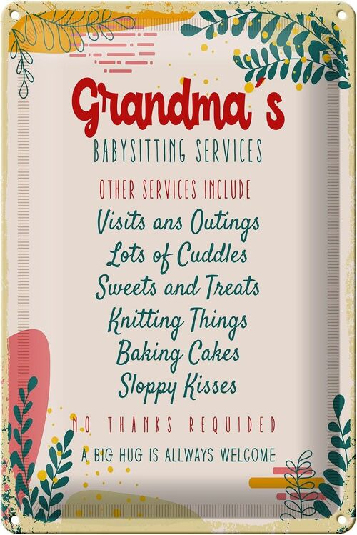 Blechschild Spruch Grandma's Babysitting services 20x30cm