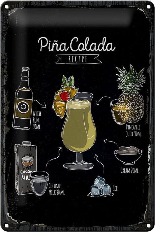 Blechschild Rezept Pina Colada Coktail Recipe 20x30cm