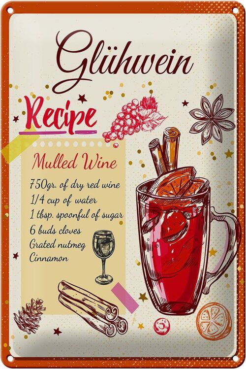 Blechschild Rezept Glühwein Recipe Mulled Wine 20x30cm