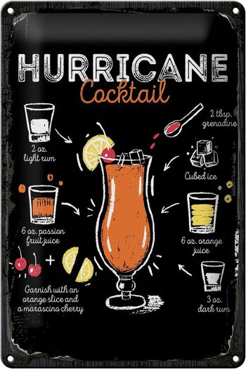 Plaque en tôle Recette Hurricane Cocktail Recipe 20x30cm 1