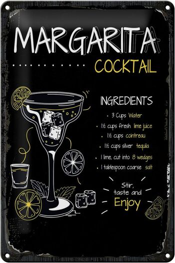 Plaque en tôle recette Margarita Cocktail Recipe 20x30cm 1