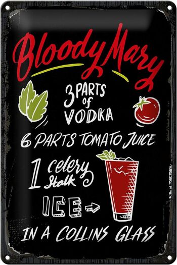 Plaque en étain pour recette de Cocktail Bloody Mary, 20x30cm, signe noir 1