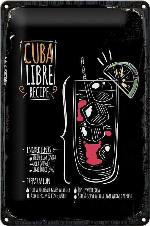 Blechschild Rezept Cuba Libre Cocktail Recipe 20x30cm