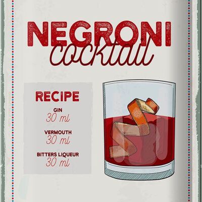 Tin sign recipe Negron Cocktail Recipe GIN 20x30cm