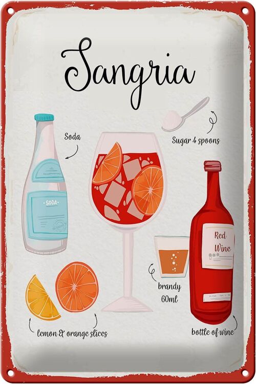 Blechschild Rezept Sangria Cocktail Recipe Soda 20x30cm