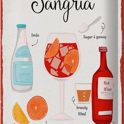 Blechschild Rezept Sangria Cocktail Recipe Soda 20x30cm