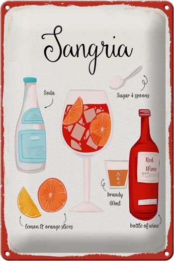 Plaque en tôle Recette Sangria Cocktail Recette Soda 20x30cm 1