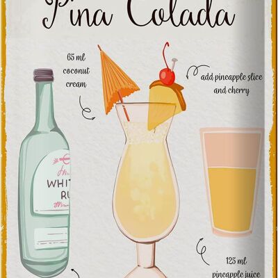 Tin sign recipe Pina Colada Cocktail Recipe 20x30cm white sign