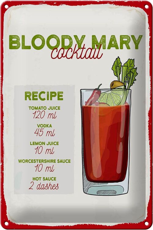 Blechschild Rezept Bloody Mary Cocktail Recipe 20x30cm