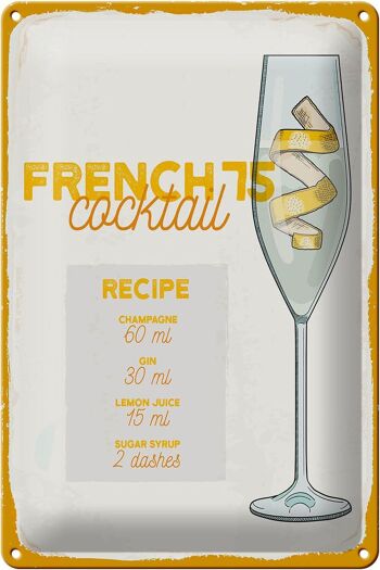 Plaque en tôle recette French 75 Cocktail Recipe 20x30cm 1