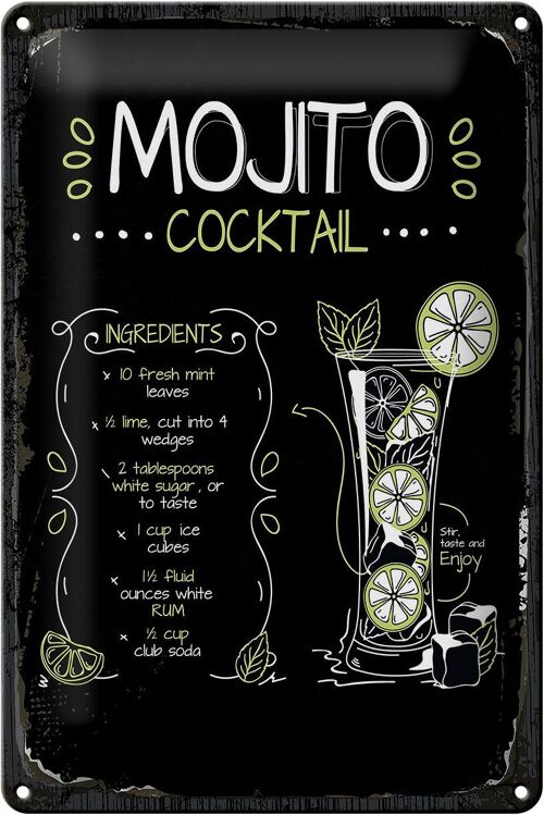 Blechschild Rezept Mojito Cocktail Recipe 20x30cm