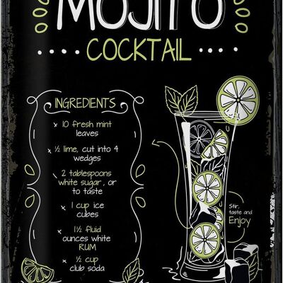 Plaque en tôle Recette Mojito Cocktail Recette 20x30cm