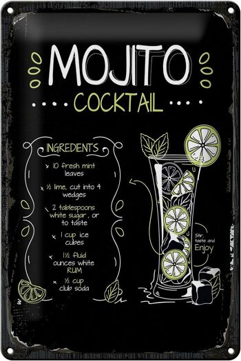 Plaque en tôle Recette Mojito Cocktail Recette 20x30cm 1