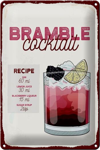 Plaque en tôle recette Bramble Cocktail Recipe Gin 20x30cm 1